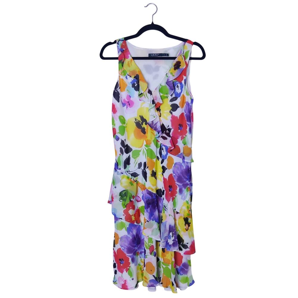 Lauren Ralph Lauren Colorful Watercolor Floral Ruffle Chiffon Midi Dress 10